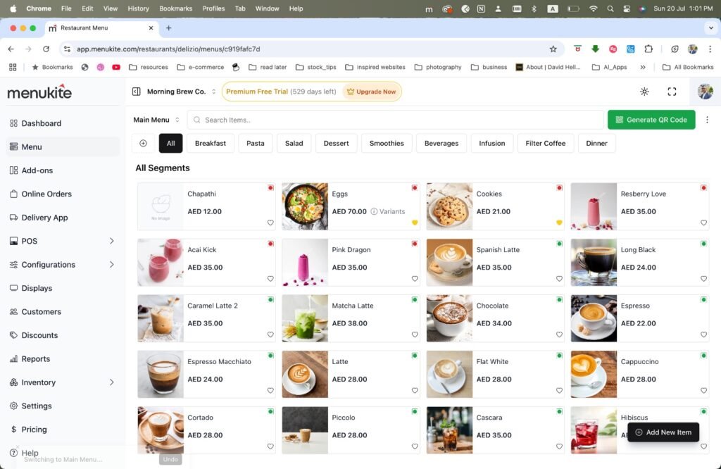 "Restaurant Menu Management Dashboard - MENUITD menukite Platform with Pricing Controls, Category Filtering & Item Setup for UAE Eateries"