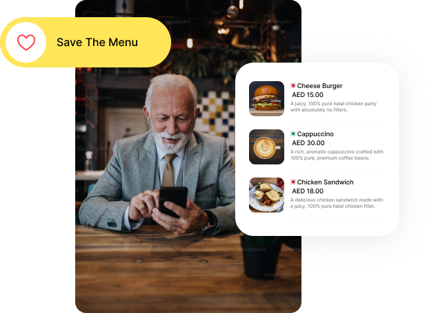 "Restaurant Menu Management Interface - Editing Cheese Burger (AED 15), Cappuccino (AED 30) & Chicken Sandwich (AED 18) on MENUITD UAE Platform"
