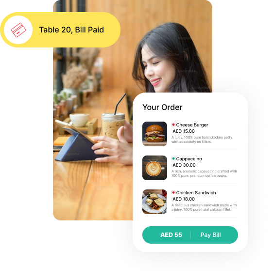 "Restaurant POS Bill Receipt - Table 20 Paid Order (Cheese Burger, Cappuccino, Chicken Sandwich) on MENUITD UAE Platform"