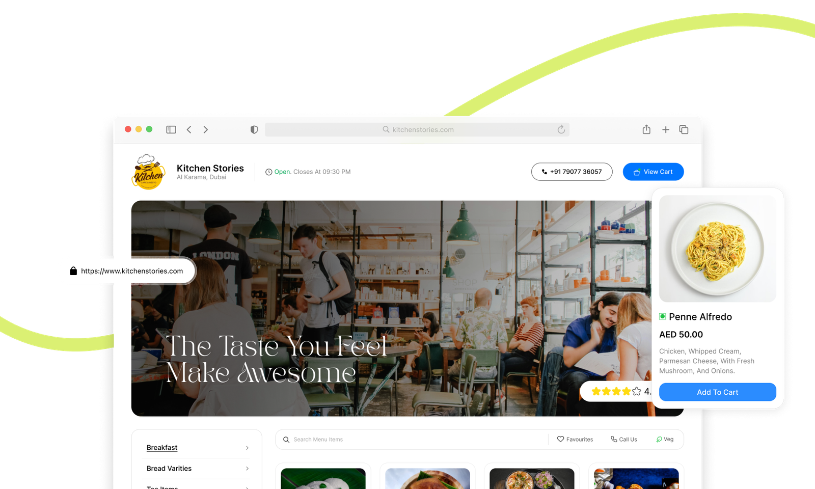 "Kitchen Stories Dubai Restaurant Page - Online Ordering Interface for Penne Alfredo & Breakfast Menu on MENUITD UAE Platform"