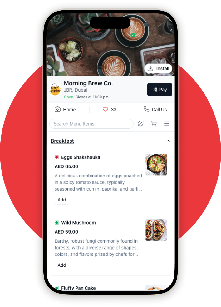 "Morning Brew Co. Dubai Mobile Menu - Breakfast Ordering Interface with Eggs Shakshouka & Wild Mushroom on MENUITD UAE App"