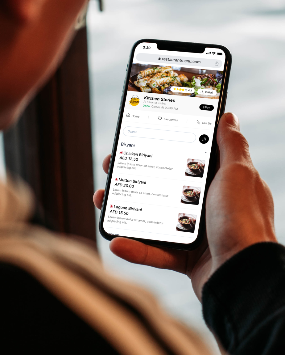 "Mobile Restaurant Ordering Interface - Kitchen Stories Dubai Biryani Menu on MENUITD UAE Platform (Chicken, Mutton, Lagoon Biryani)